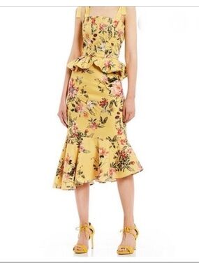 ANTONIO MELANI Yellow Floral Peplum Midi Dress Skirt